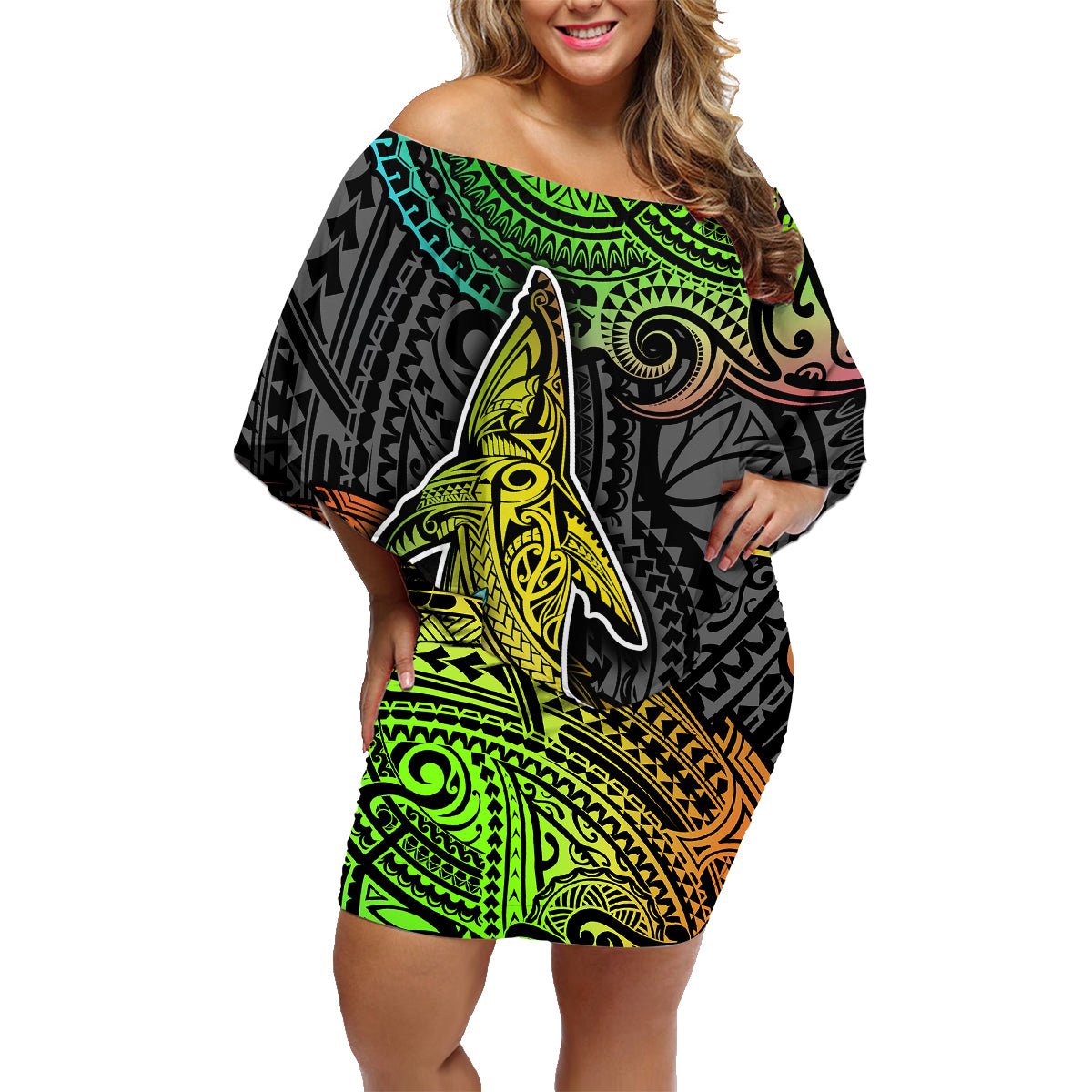 Polynesian Family Matching Off Shoulder Short Dress and Hawaiian Shirt Whales and Compass Gradient Pattern - Wonder Print Shop