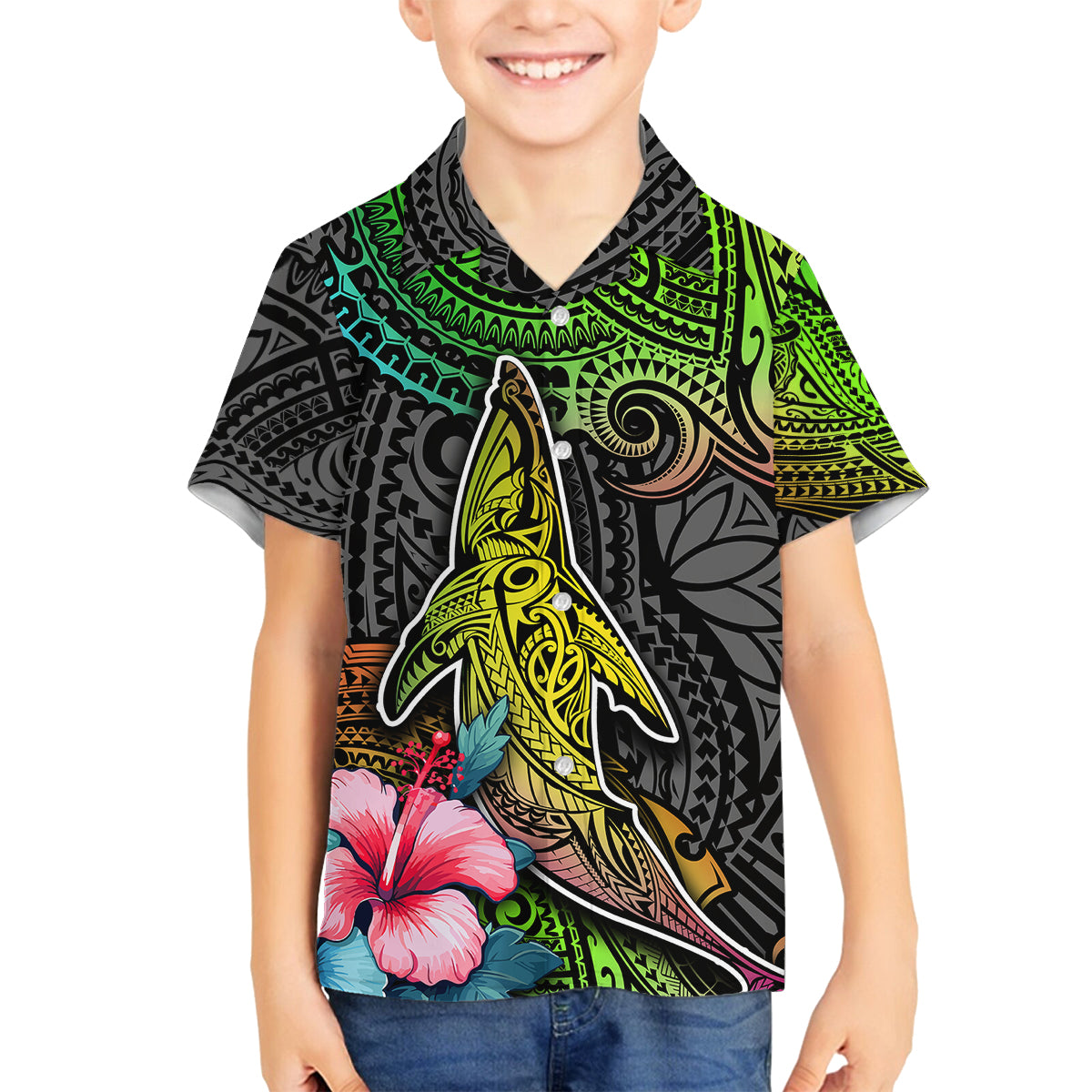 Polynesian Family Matching Off Shoulder Short Dress and Hawaiian Shirt Whales and Compass Gradient Pattern - Wonder Print Shop