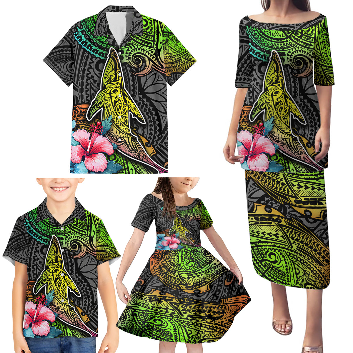 Polynesian Family Matching Puletasi Dress and Hawaiian Shirt Whales and Compass Gradient Pattern - Wonder Print Shop