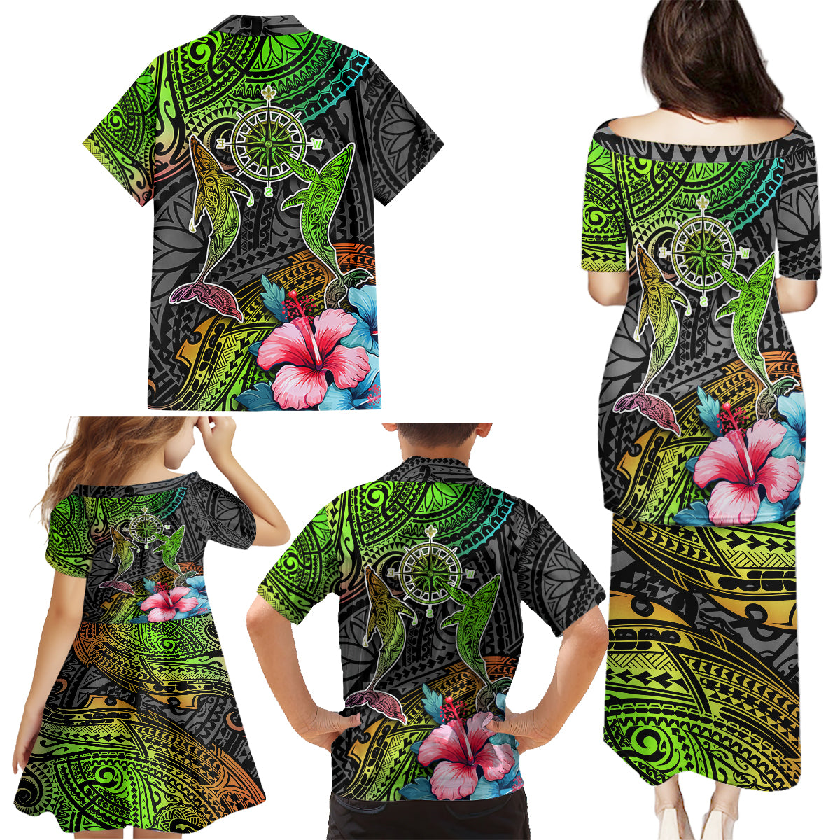 Polynesian Family Matching Puletasi Dress and Hawaiian Shirt Whales and Compass Gradient Pattern - Wonder Print Shop