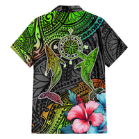 Polynesian Family Matching Puletasi Dress and Hawaiian Shirt Whales and Compass Gradient Pattern - Wonder Print Shop