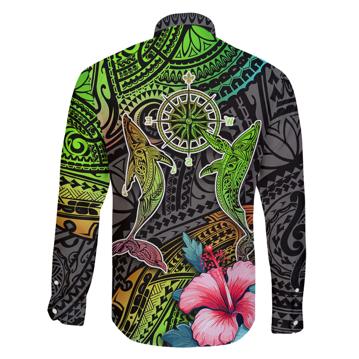 Polynesian Family Matching Puletasi Dress and Hawaiian Shirt Whales and Compass Gradient Pattern - Wonder Print Shop