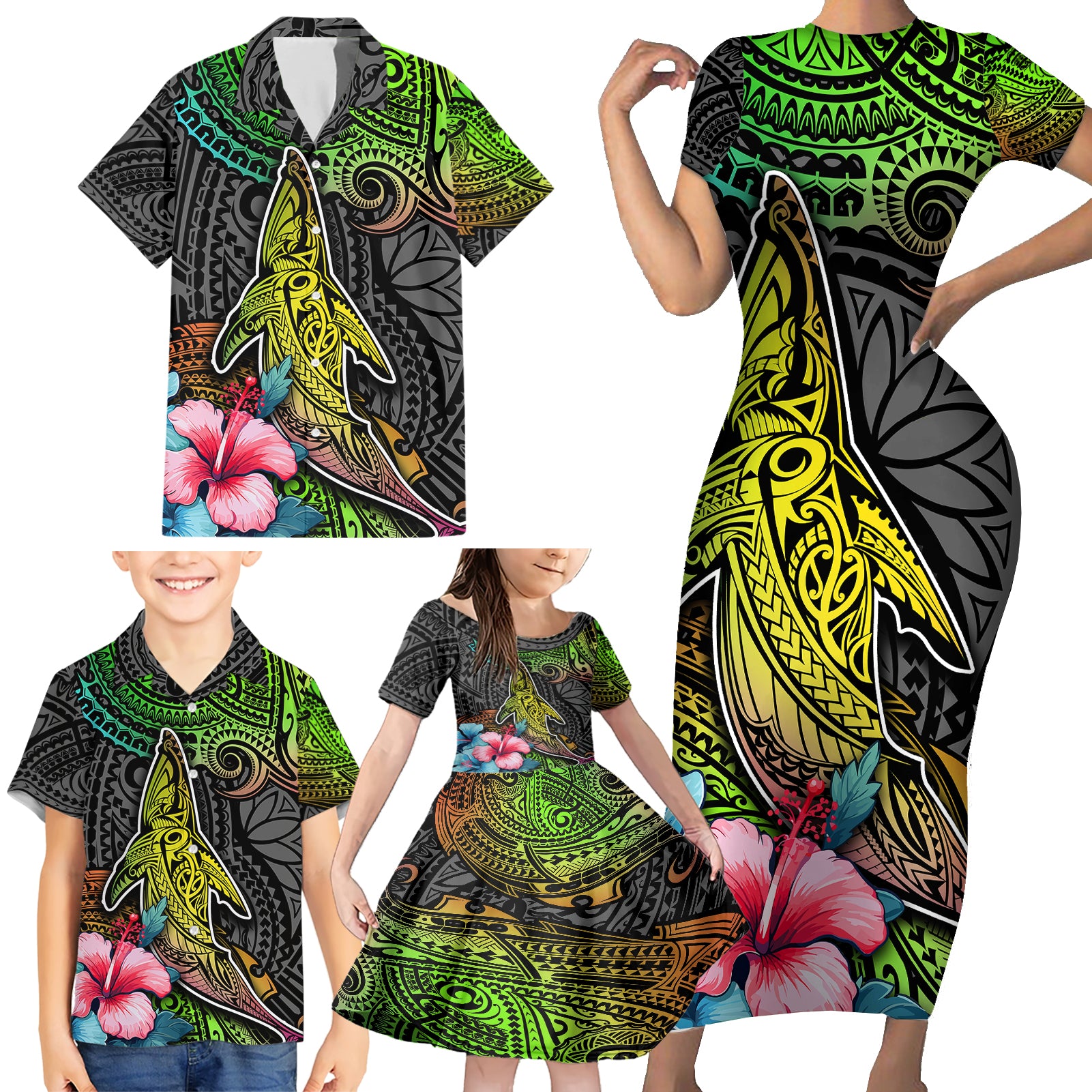 Polynesian Family Matching Short Sleeve Bodycon Dress and Hawaiian Shirt Whales and Compass Gradient Pattern - Wonder Print Shop