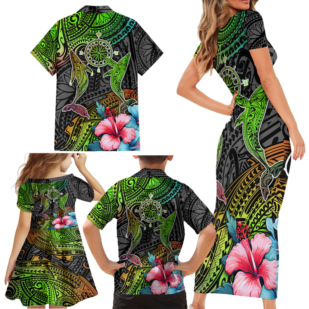 Polynesian Family Matching Short Sleeve Bodycon Dress and Hawaiian Shirt Whales and Compass Gradient Pattern - Wonder Print Shop