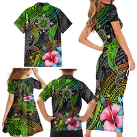 Polynesian Family Matching Short Sleeve Bodycon Dress and Hawaiian Shirt Whales and Compass Gradient Pattern - Wonder Print Shop