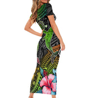 Polynesian Family Matching Short Sleeve Bodycon Dress and Hawaiian Shirt Whales and Compass Gradient Pattern - Wonder Print Shop