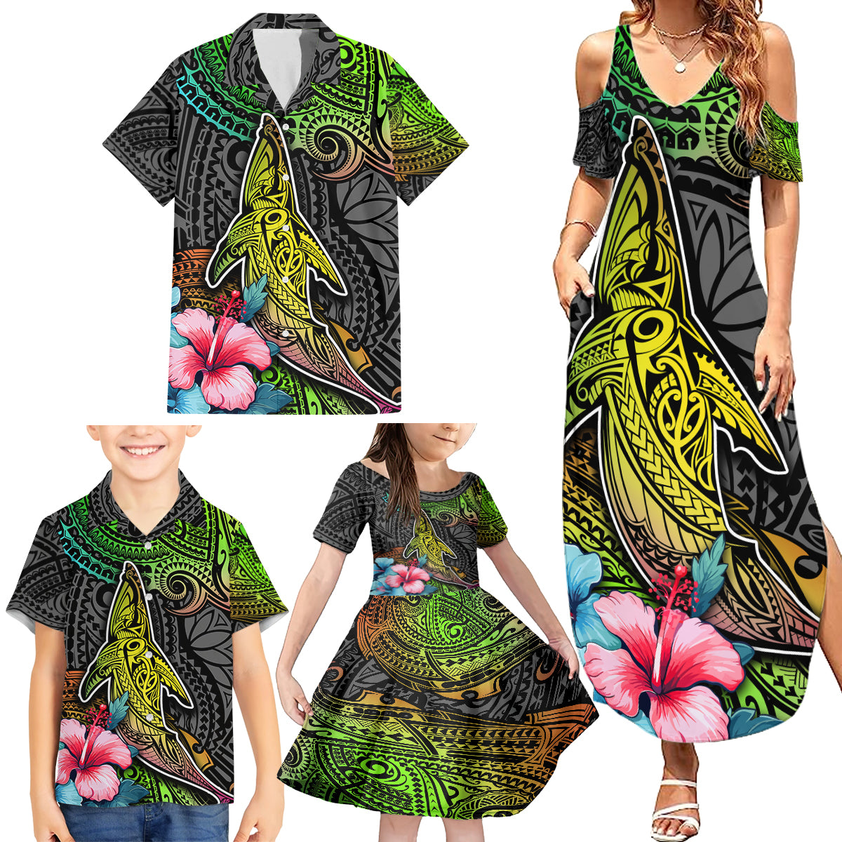 Polynesian Family Matching Summer Maxi Dress and Hawaiian Shirt Whales and Compass Gradient Pattern - Wonder Print Shop