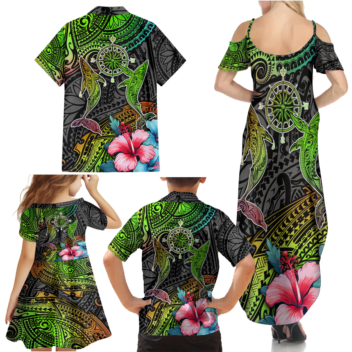 Polynesian Family Matching Summer Maxi Dress and Hawaiian Shirt Whales and Compass Gradient Pattern - Wonder Print Shop