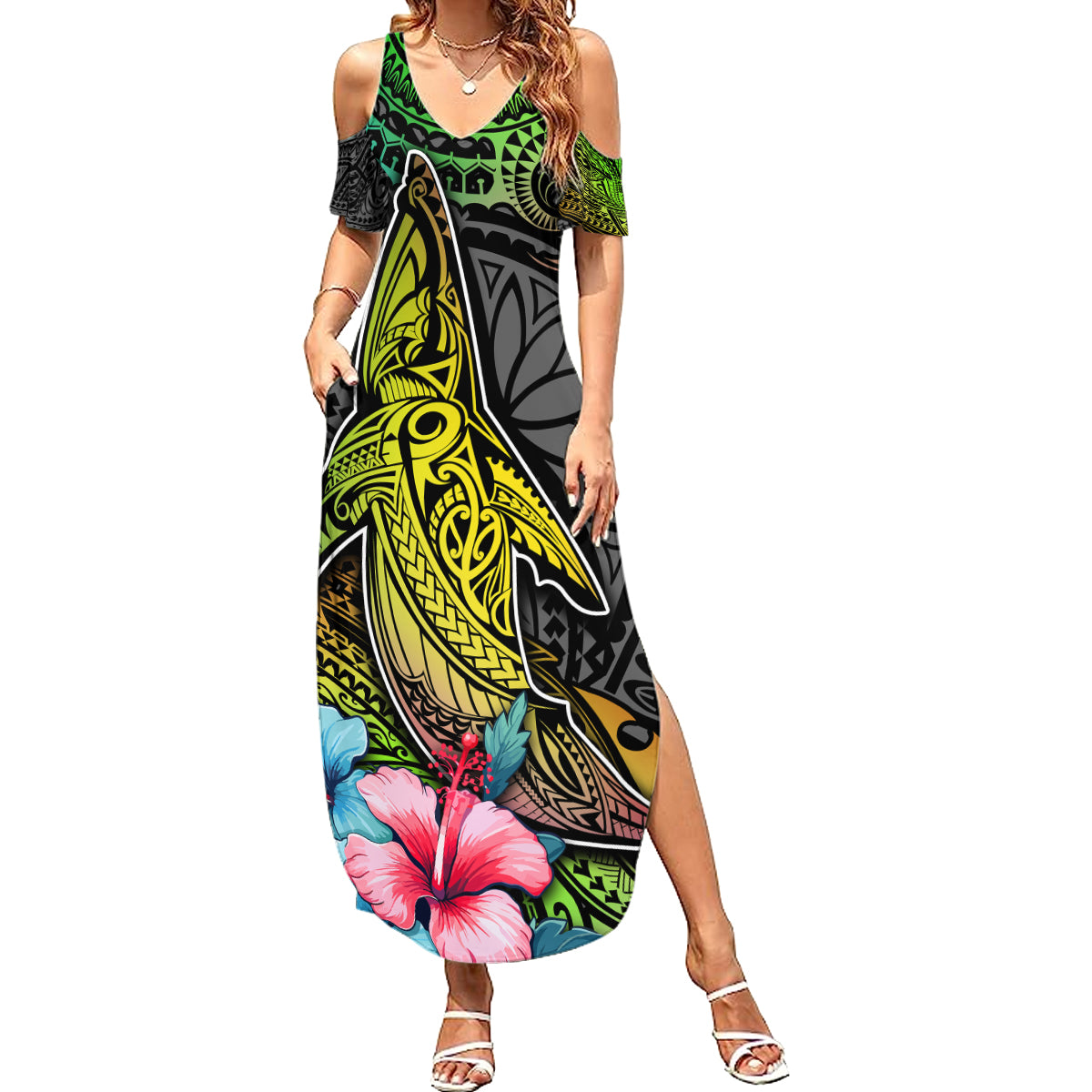 Polynesian Family Matching Summer Maxi Dress and Hawaiian Shirt Whales and Compass Gradient Pattern - Wonder Print Shop