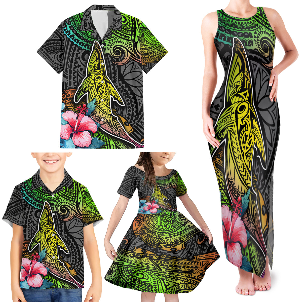 Polynesian Family Matching Tank Maxi Dress and Hawaiian Shirt Whales and Compass Gradient Pattern - Wonder Print Shop