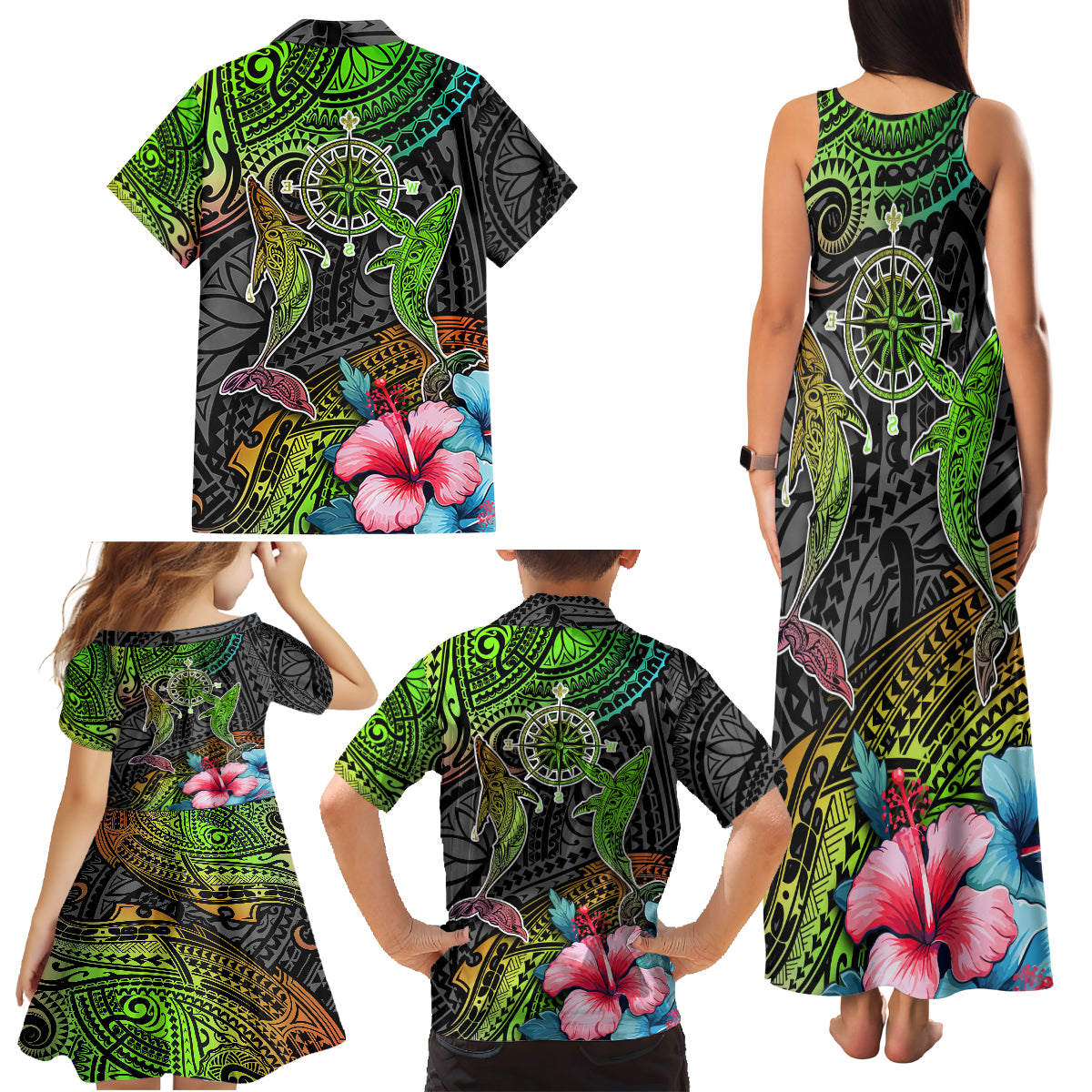 Polynesian Family Matching Tank Maxi Dress and Hawaiian Shirt Whales and Compass Gradient Pattern - Wonder Print Shop