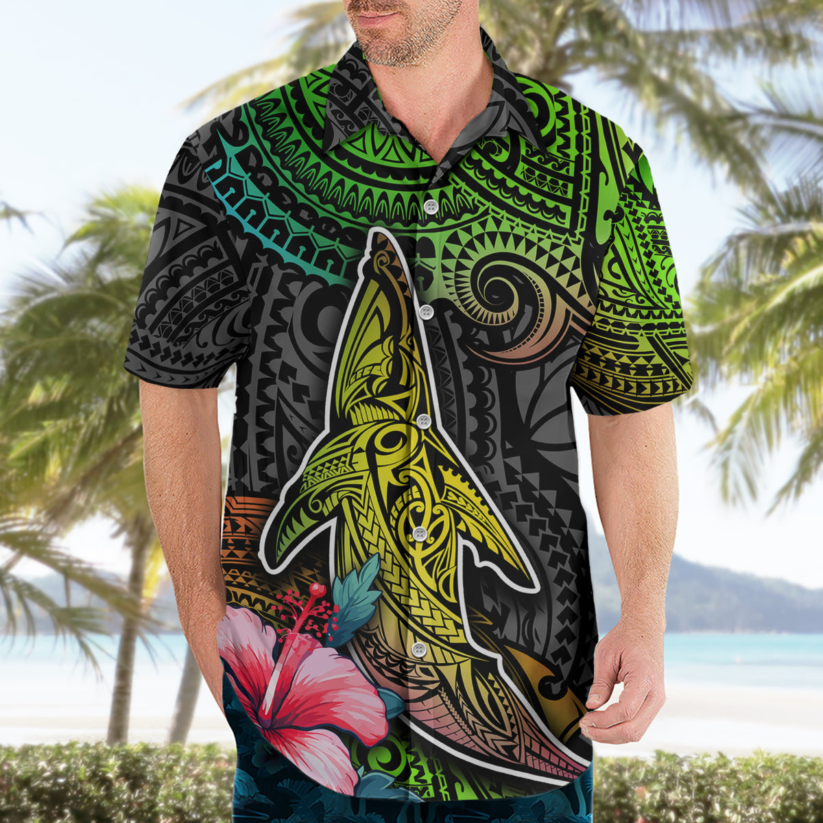 Polynesian Hawaiian Shirt Whales and Compass Gradient Pattern - Wonder Print Shop