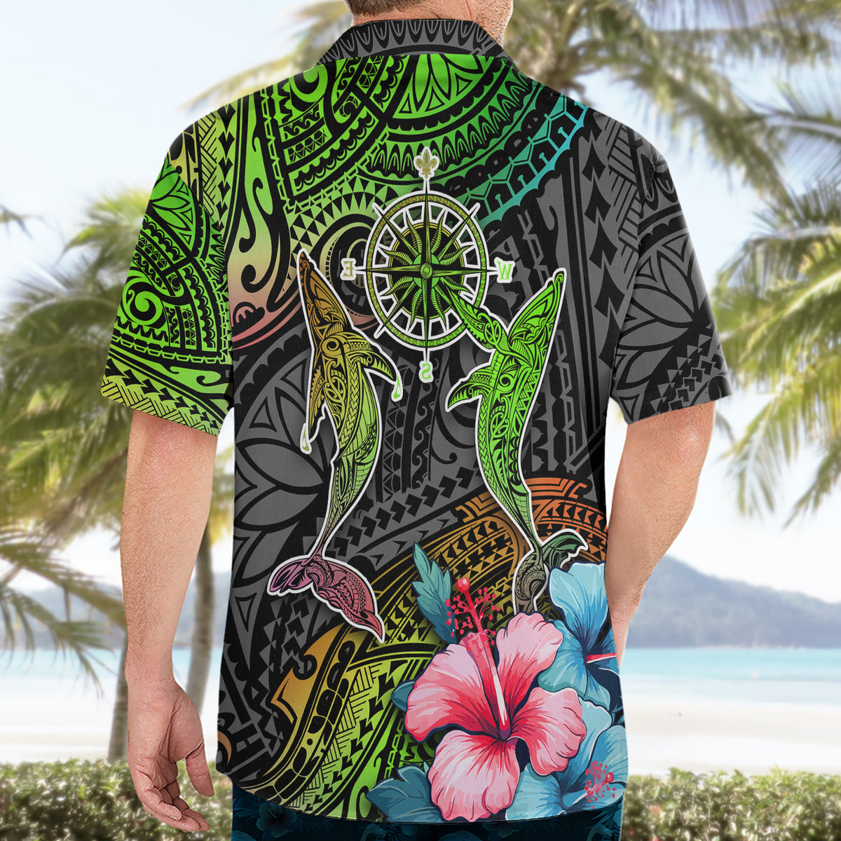 Polynesian Hawaiian Shirt Whales and Compass Gradient Pattern - Wonder Print Shop