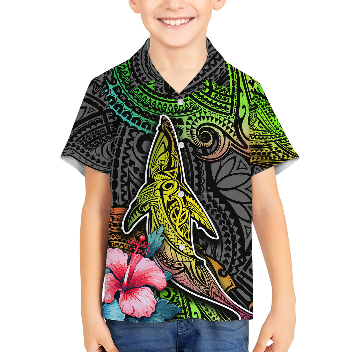 Polynesian Hawaiian Shirt Whales and Compass Gradient Pattern - Wonder Print Shop