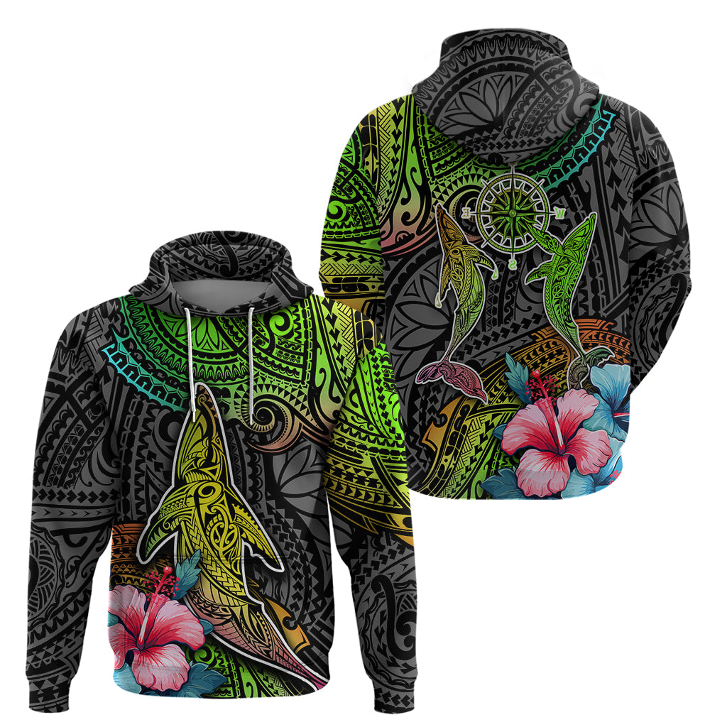 Polynesian Hoodie Whales and Compass Gradient Pattern - Wonder Print Shop