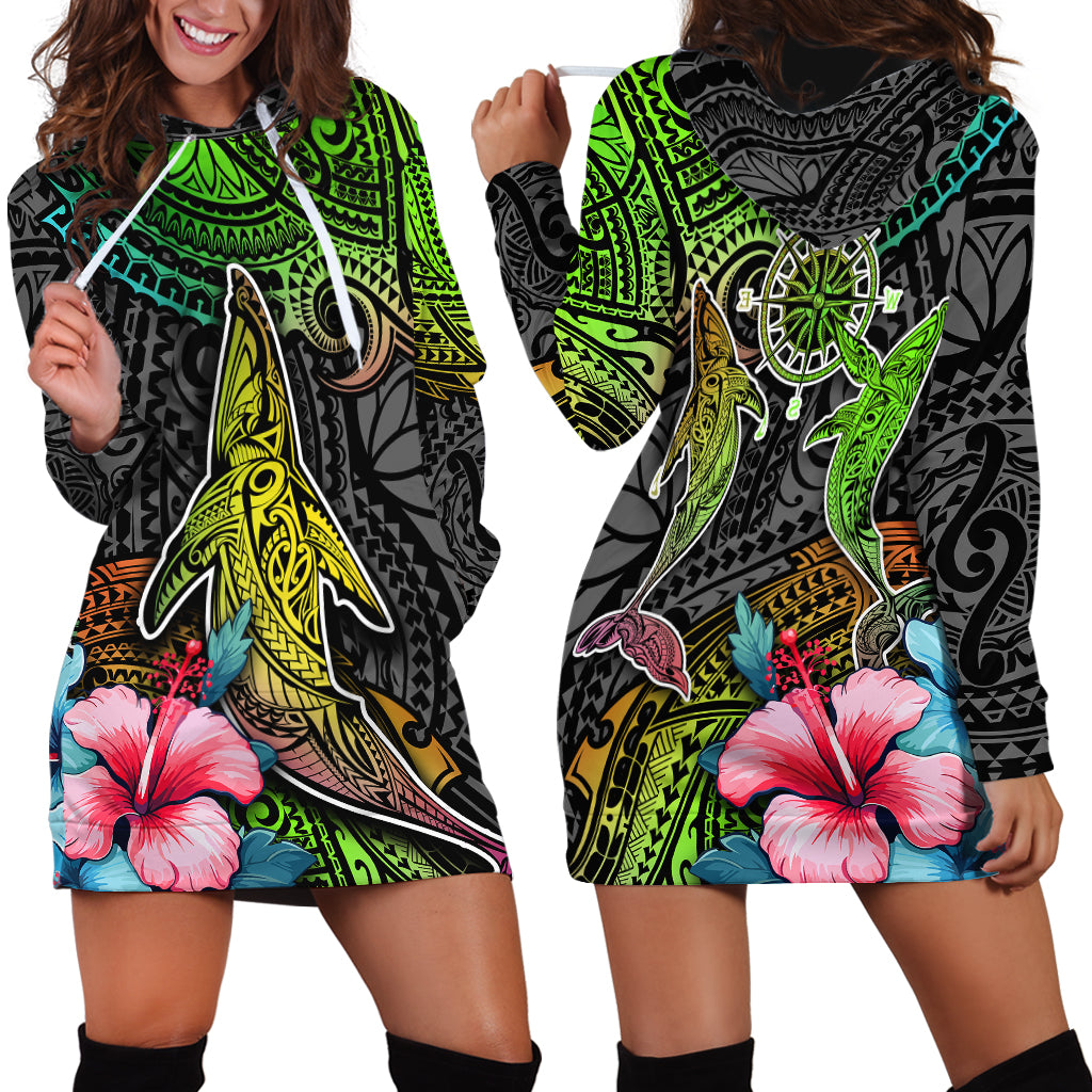 Polynesian Hoodie Dress Whales and Compass Gradient Pattern - Wonder Print Shop