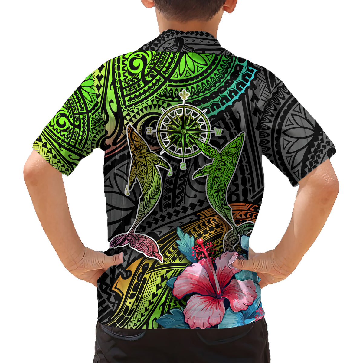 Polynesian Kid Hawaiian Shirt Whales and Compass Gradient Pattern - Wonder Print Shop