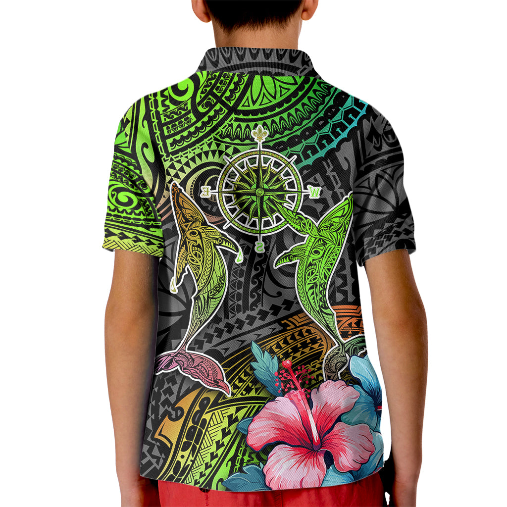 Polynesian Kid Polo Shirt Whales and Compass Gradient Pattern - Wonder Print Shop