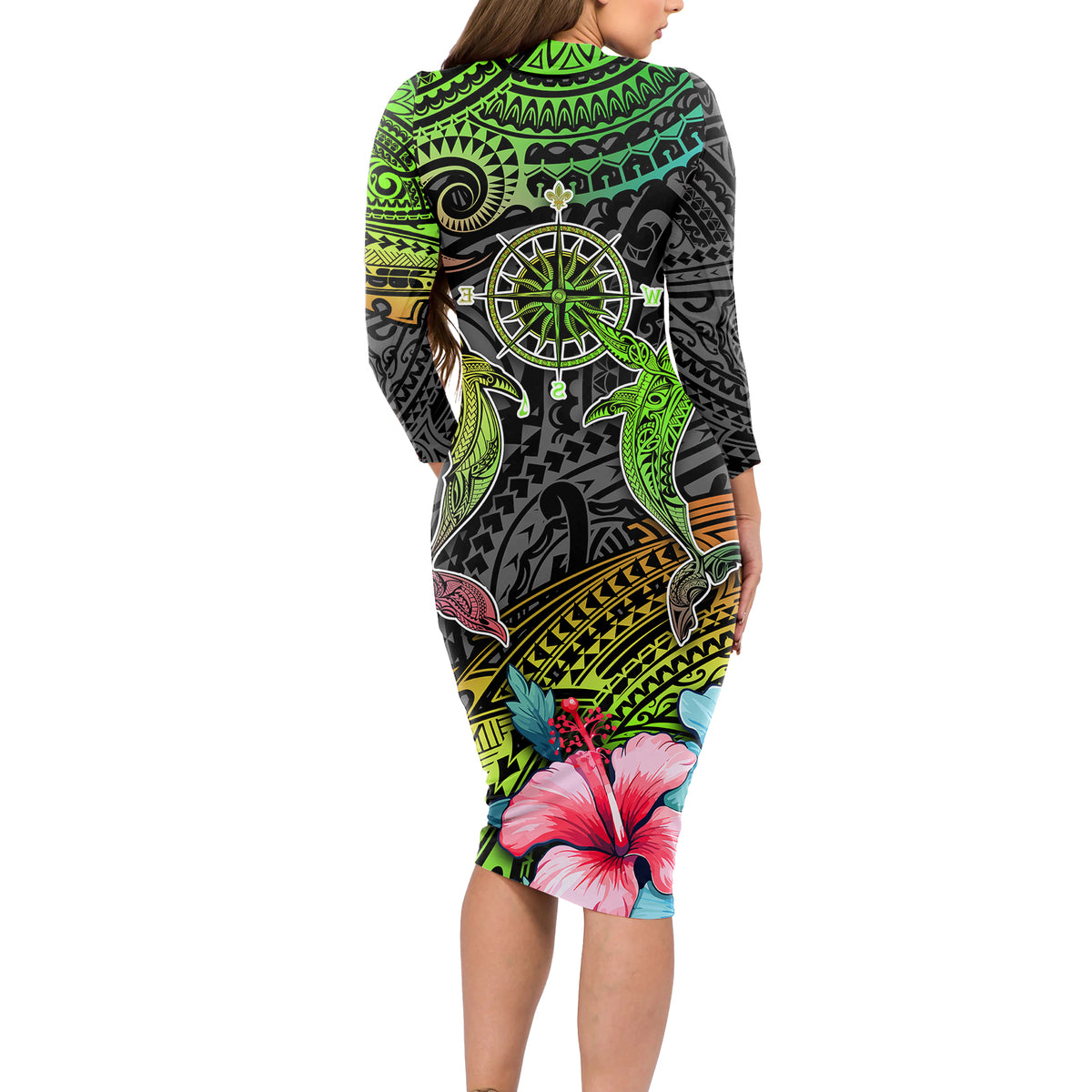 Polynesian Long Sleeve Bodycon Dress Whales and Compass Gradient Pattern - Wonder Print Shop