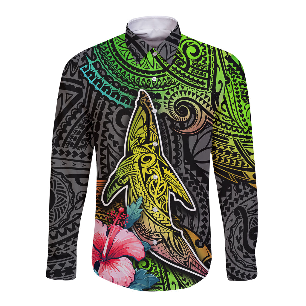 Polynesian Long Sleeve Button Shirt Whales and Compass Gradient Pattern - Wonder Print Shop