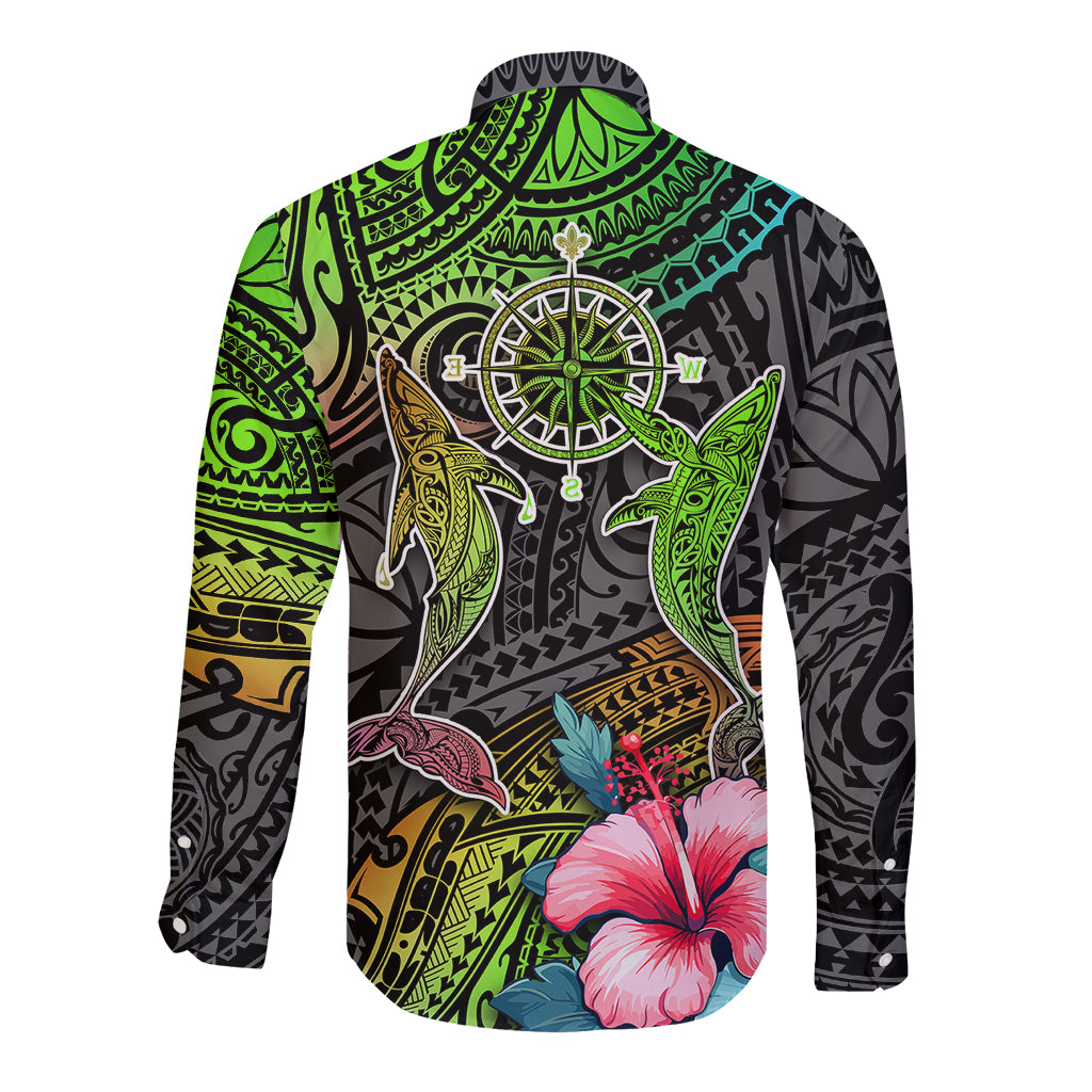 Polynesian Long Sleeve Button Shirt Whales and Compass Gradient Pattern - Wonder Print Shop
