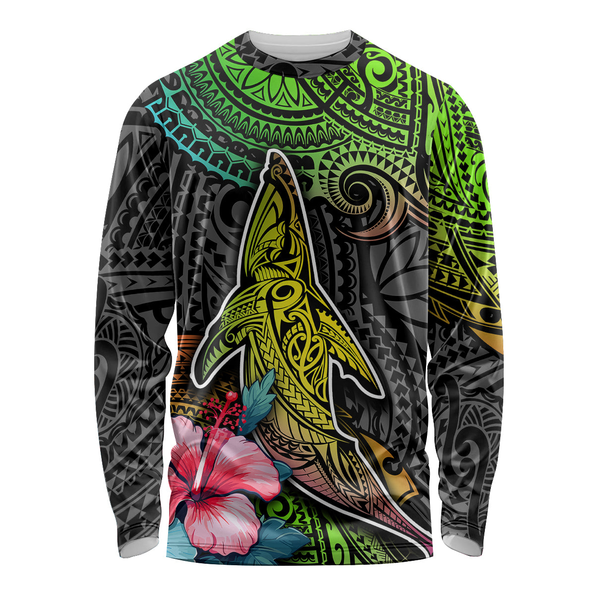 Polynesian Long Sleeve Shirt Whales and Compass Gradient Pattern - Wonder Print Shop
