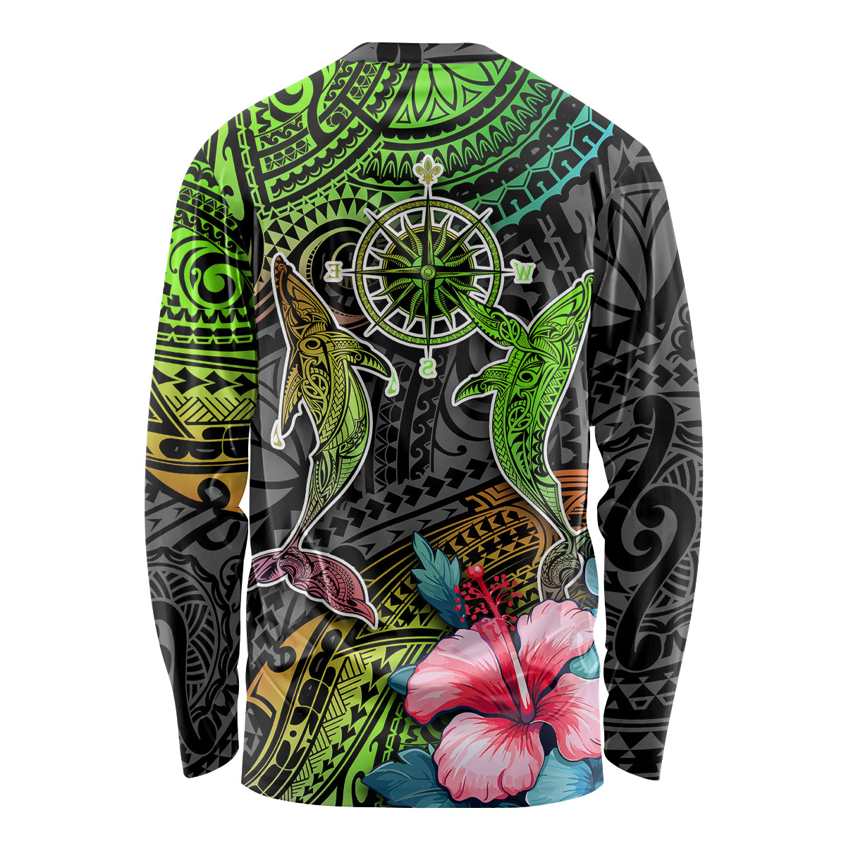 Polynesian Long Sleeve Shirt Whales and Compass Gradient Pattern - Wonder Print Shop