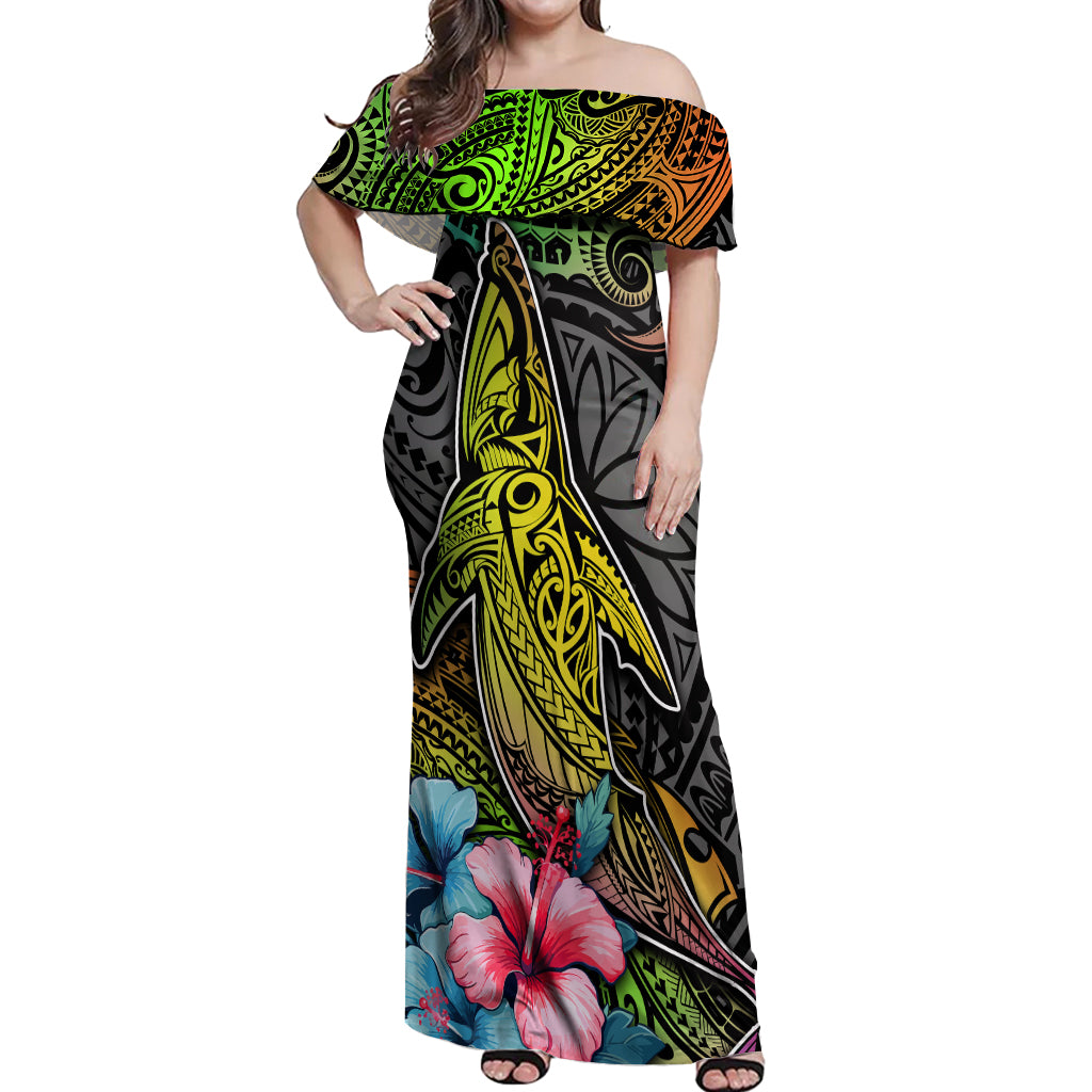 Polynesian Off Shoulder Maxi Dress Whales and Compass Gradient Pattern - Wonder Print Shop
