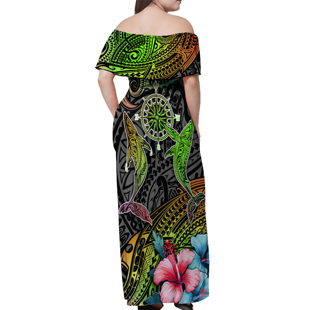 Polynesian Off Shoulder Maxi Dress Whales and Compass Gradient Pattern - Wonder Print Shop