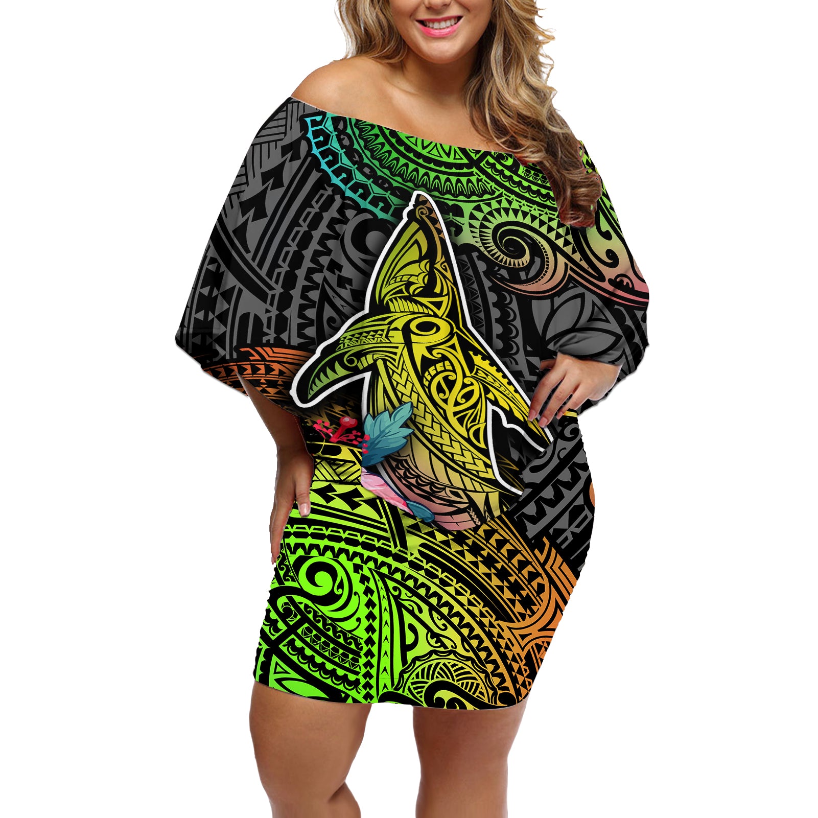 Polynesian Off Shoulder Short Dress Whales and Compass Gradient Pattern - Wonder Print Shop