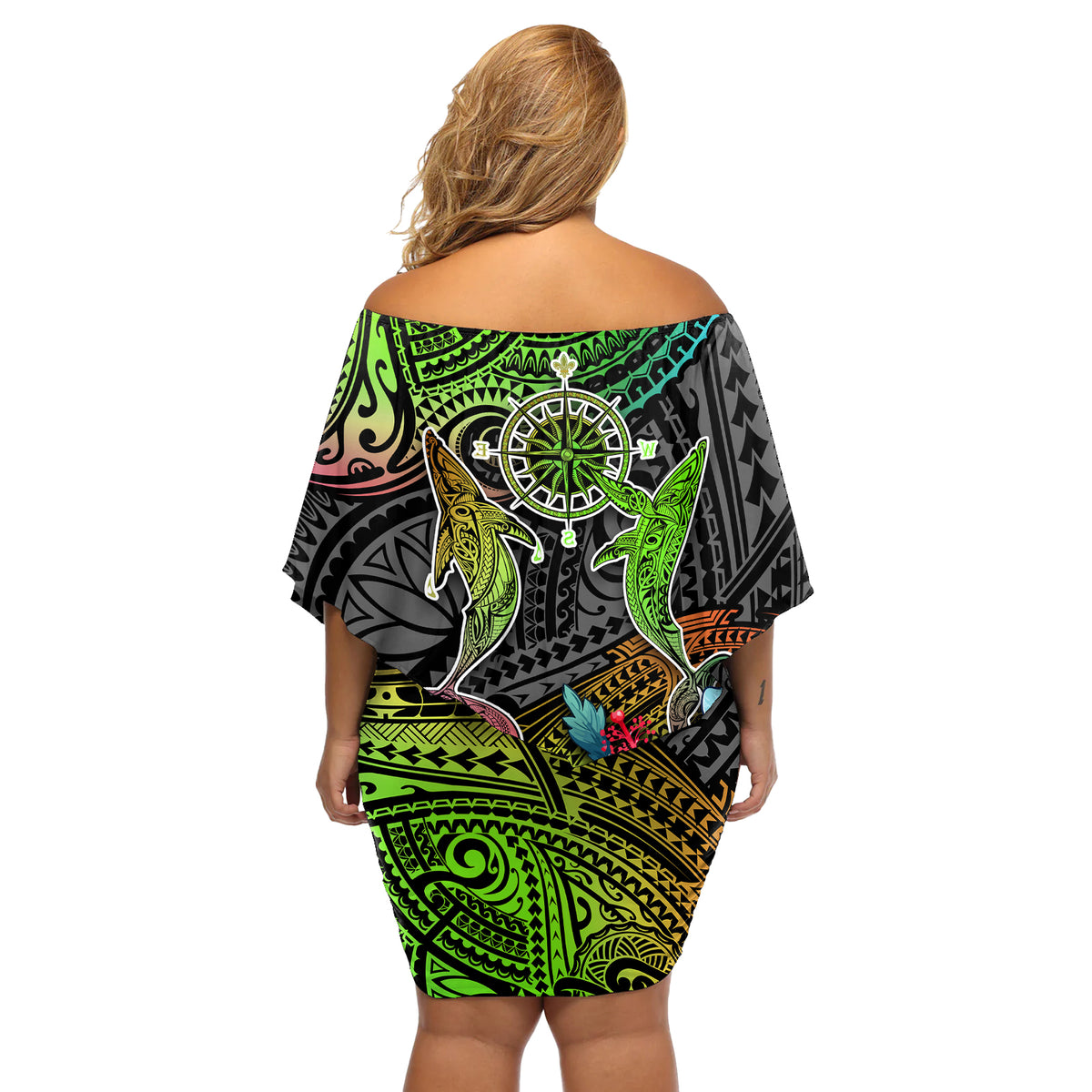 Polynesian Off Shoulder Short Dress Whales and Compass Gradient Pattern - Wonder Print Shop