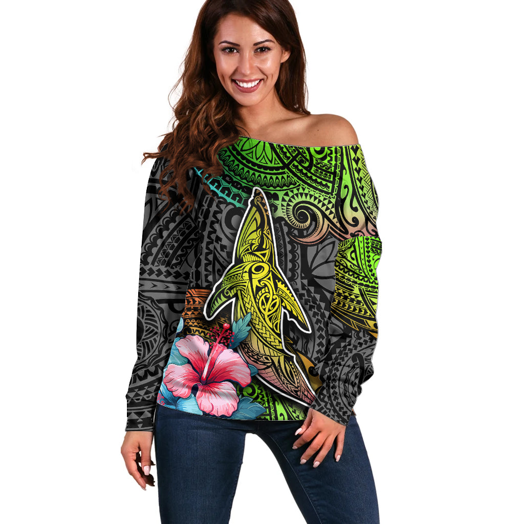Polynesian Off Shoulder Sweater Whales and Compass Gradient Pattern - Wonder Print Shop
