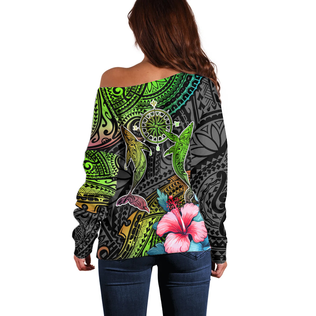 Polynesian Off Shoulder Sweater Whales and Compass Gradient Pattern - Wonder Print Shop