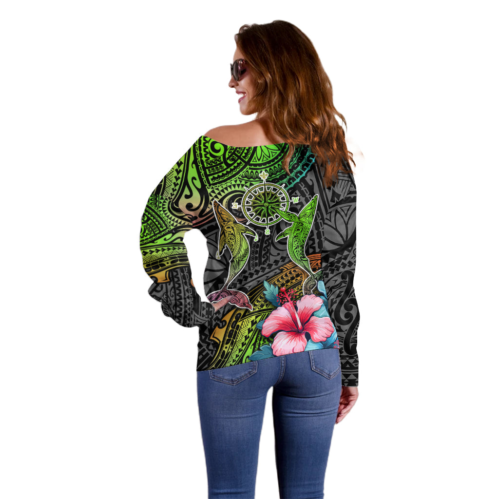 Polynesian Off Shoulder Sweater Whales and Compass Gradient Pattern - Wonder Print Shop