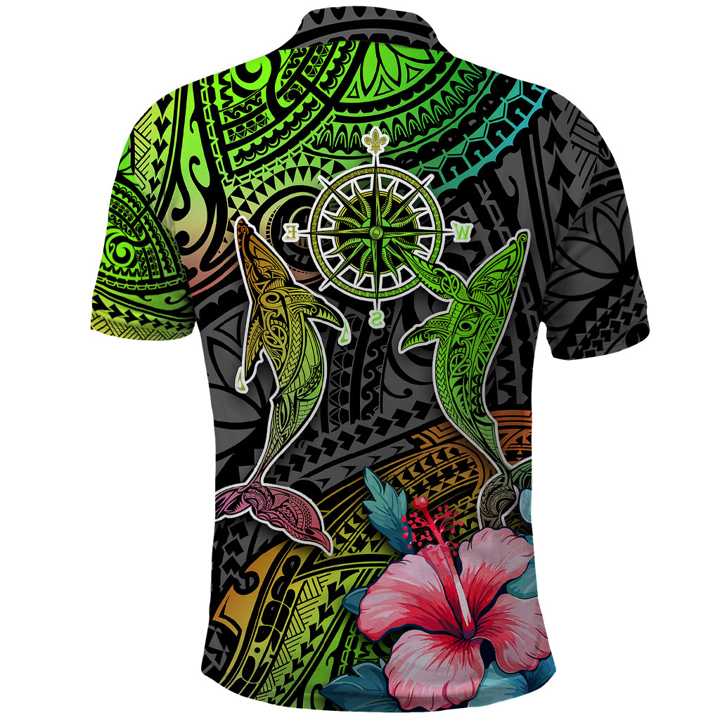 Polynesian Polo Shirt Whales and Compass Gradient Pattern - Wonder Print Shop