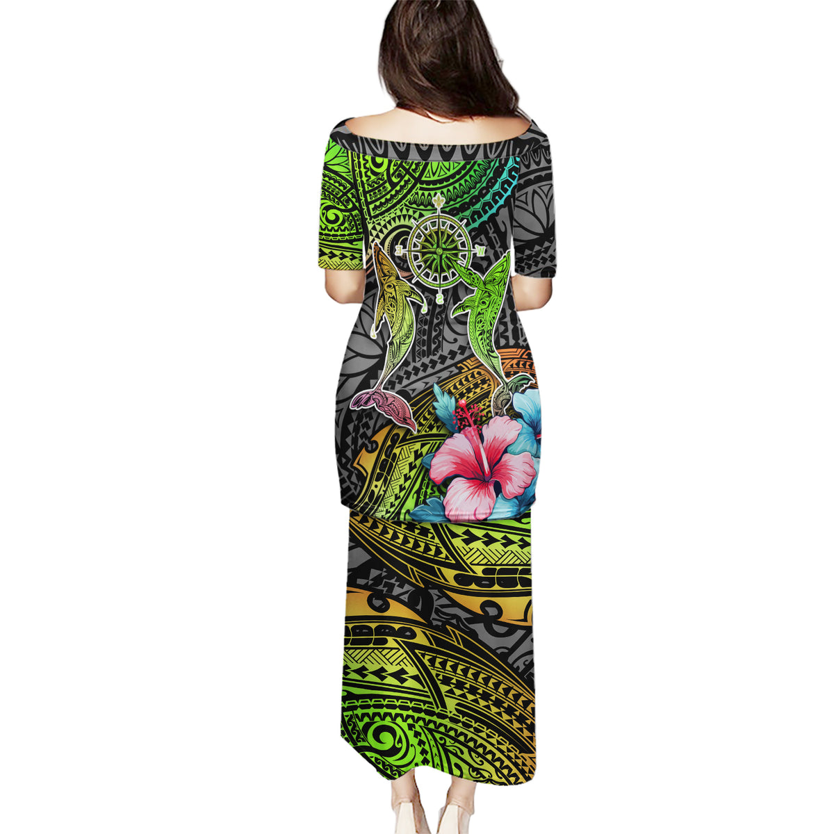 Polynesian Puletasi Whales and Compass Gradient Pattern - Wonder Print Shop