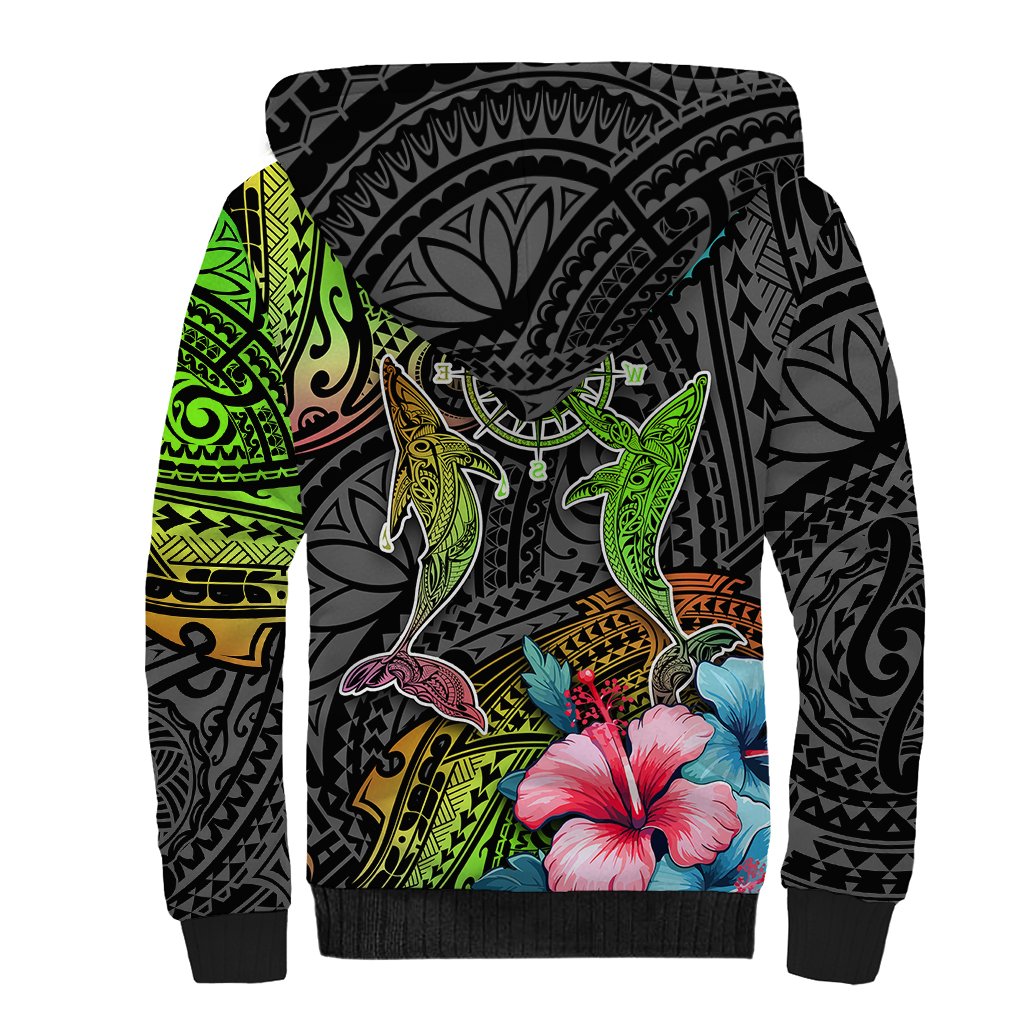 Polynesian Sherpa Hoodie Whales and Compass Gradient Pattern - Wonder Print Shop
