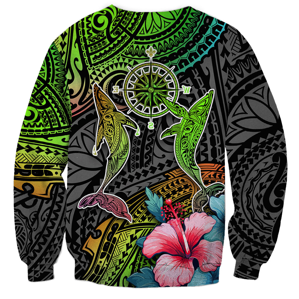 Polynesian Sweatshirt Whales and Compass Gradient Pattern - Wonder Print Shop