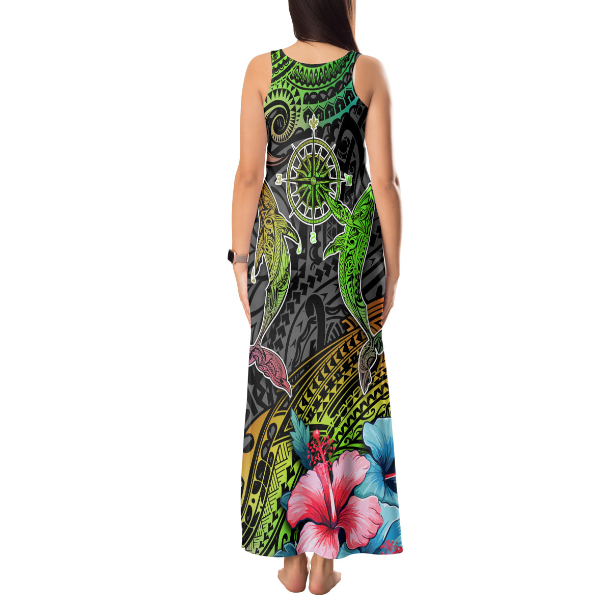 Polynesian Tank Maxi Dress Whales and Compass Gradient Pattern - Wonder Print Shop