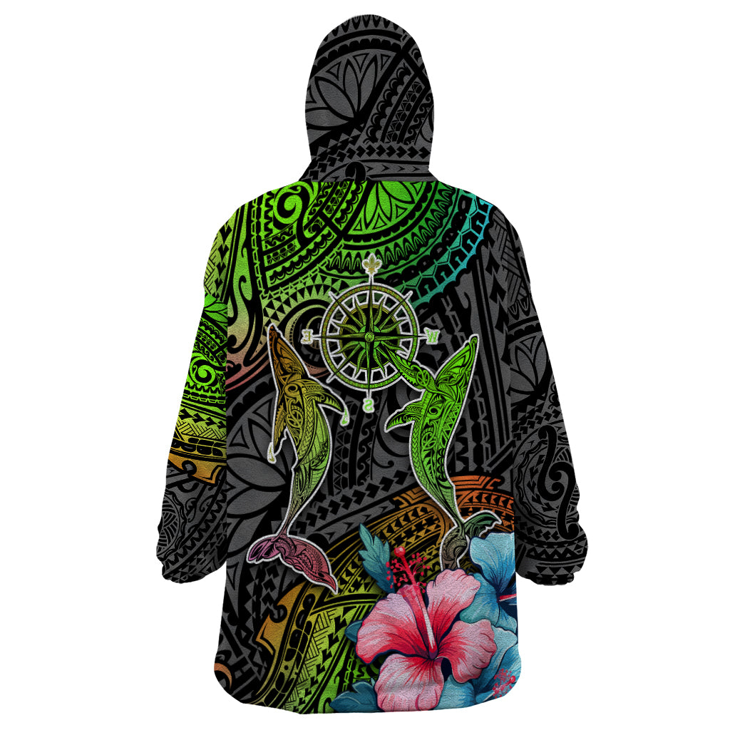 Polynesian Wearable Blanket Hoodie Whales and Compass Gradient Pattern - Wonder Print Shop