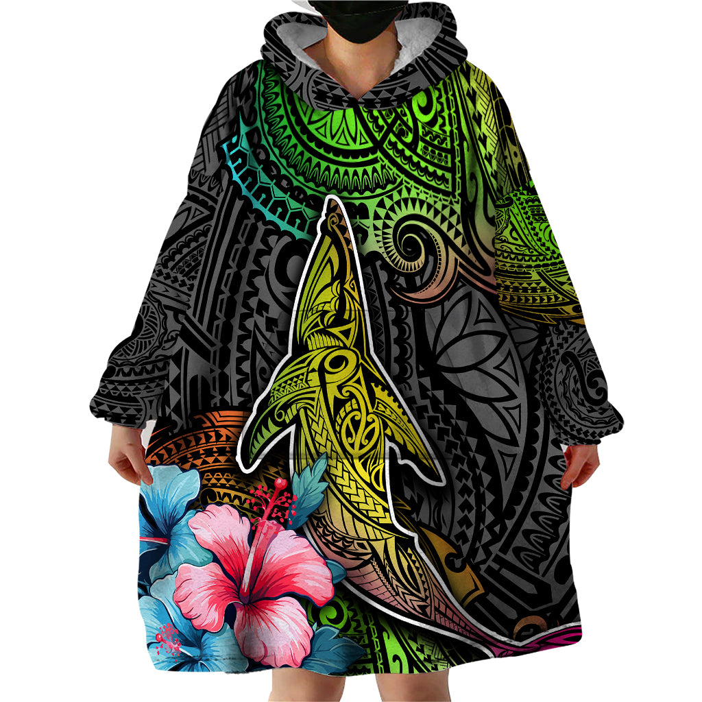 Polynesian Wearable Blanket Hoodie Whales and Compass Gradient Pattern - Wonder Print Shop