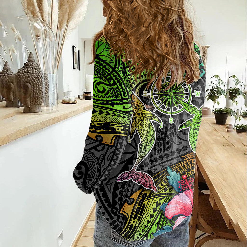 Polynesian Women Casual Shirt Whales and Compass Gradient Pattern - Wonder Print Shop