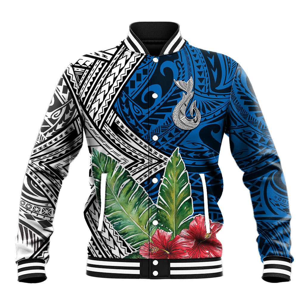 Polynesian Baseball Jacket Whale Pattern and Hibiscus Flowers - Wonder Print Shop
