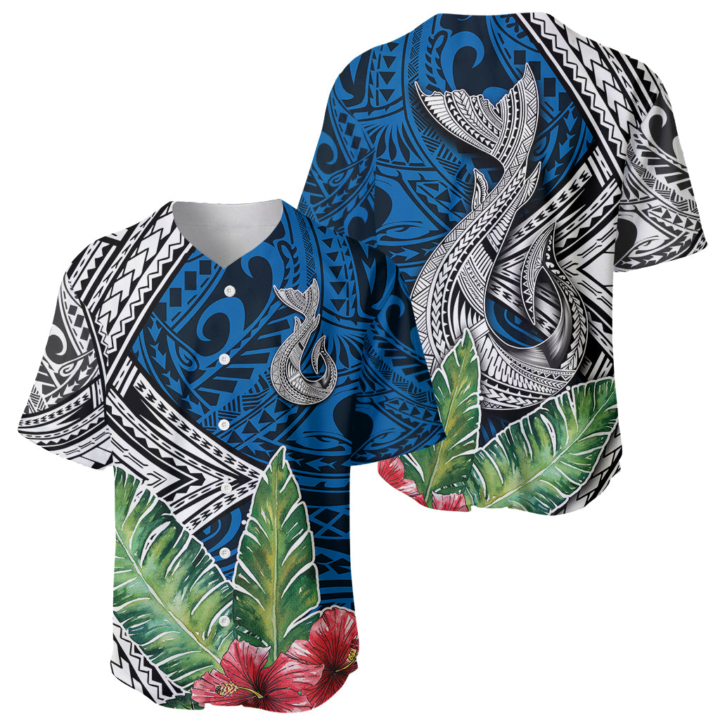 Polynesian Baseball Jersey Whale Pattern and Hibiscus Flowers - Wonder Print Shop