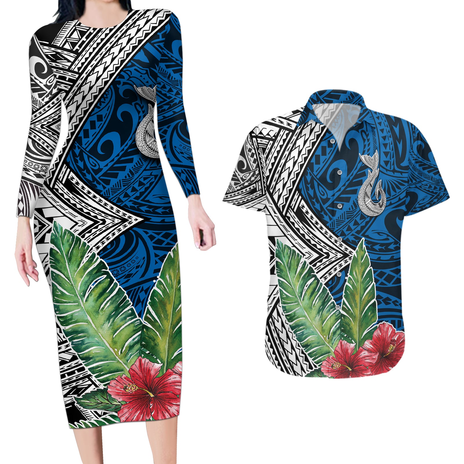 Polynesian Couples Matching Long Sleeve Bodycon Dress and Hawaiian Shirt Whale Pattern and Hibiscus Flowers - Wonder Print Shop