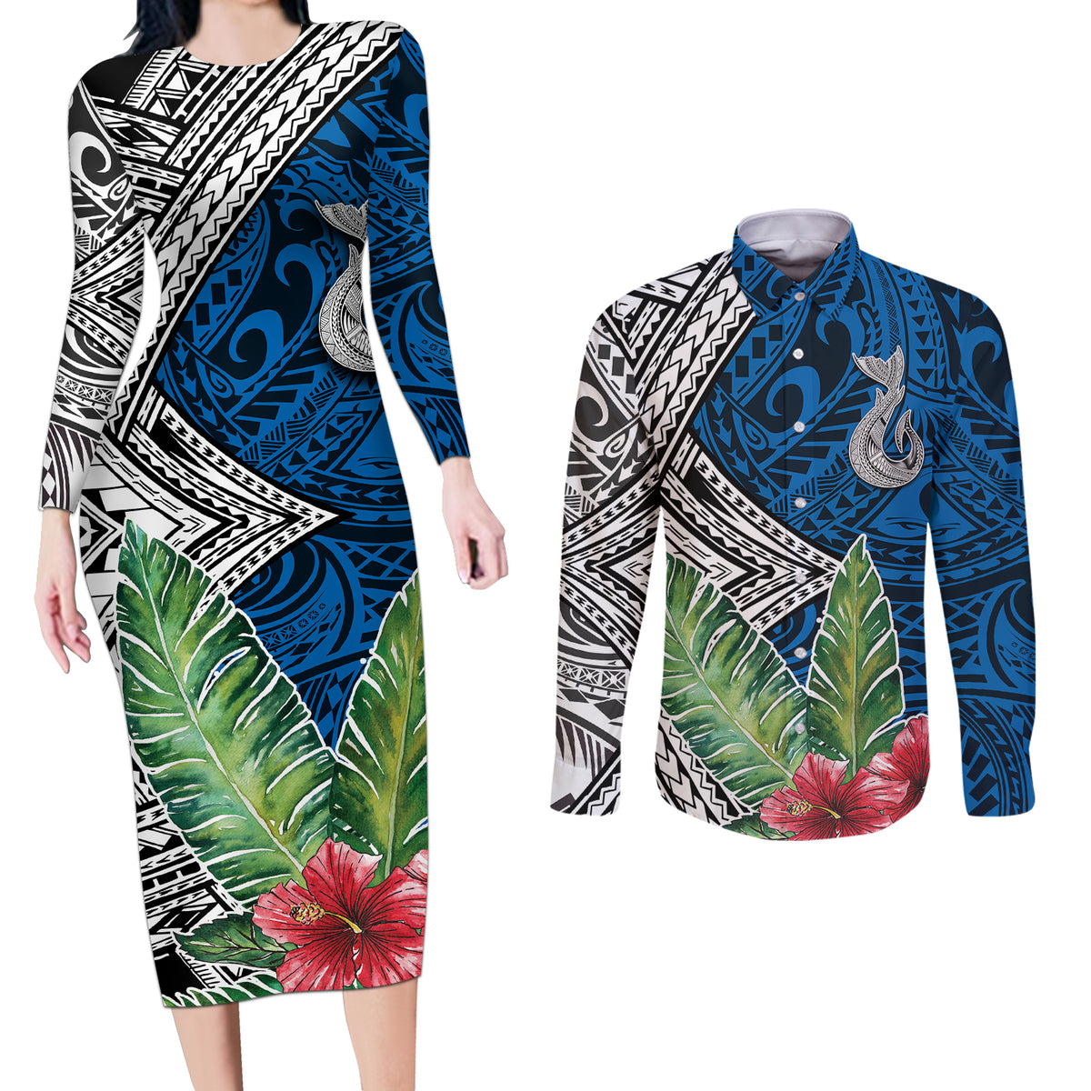 Polynesian Couples Matching Long Sleeve Bodycon Dress and Long Sleeve Button Shirts Whale Pattern and Hibiscus Flowers - Wonder Print Shop