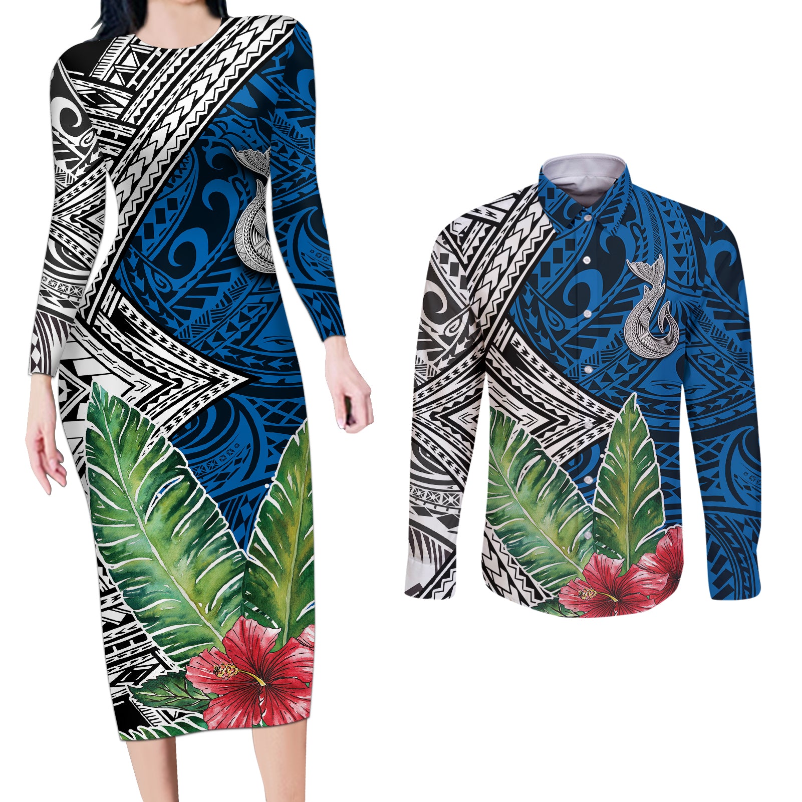 Polynesian Couples Matching Long Sleeve Bodycon Dress and Long Sleeve Button Shirts Whale Pattern and Hibiscus Flowers - Wonder Print Shop