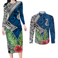 Polynesian Couples Matching Long Sleeve Bodycon Dress and Long Sleeve Button Shirts Whale Pattern and Hibiscus Flowers - Wonder Print Shop