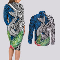 Polynesian Couples Matching Long Sleeve Bodycon Dress and Long Sleeve Button Shirts Whale Pattern and Hibiscus Flowers - Wonder Print Shop