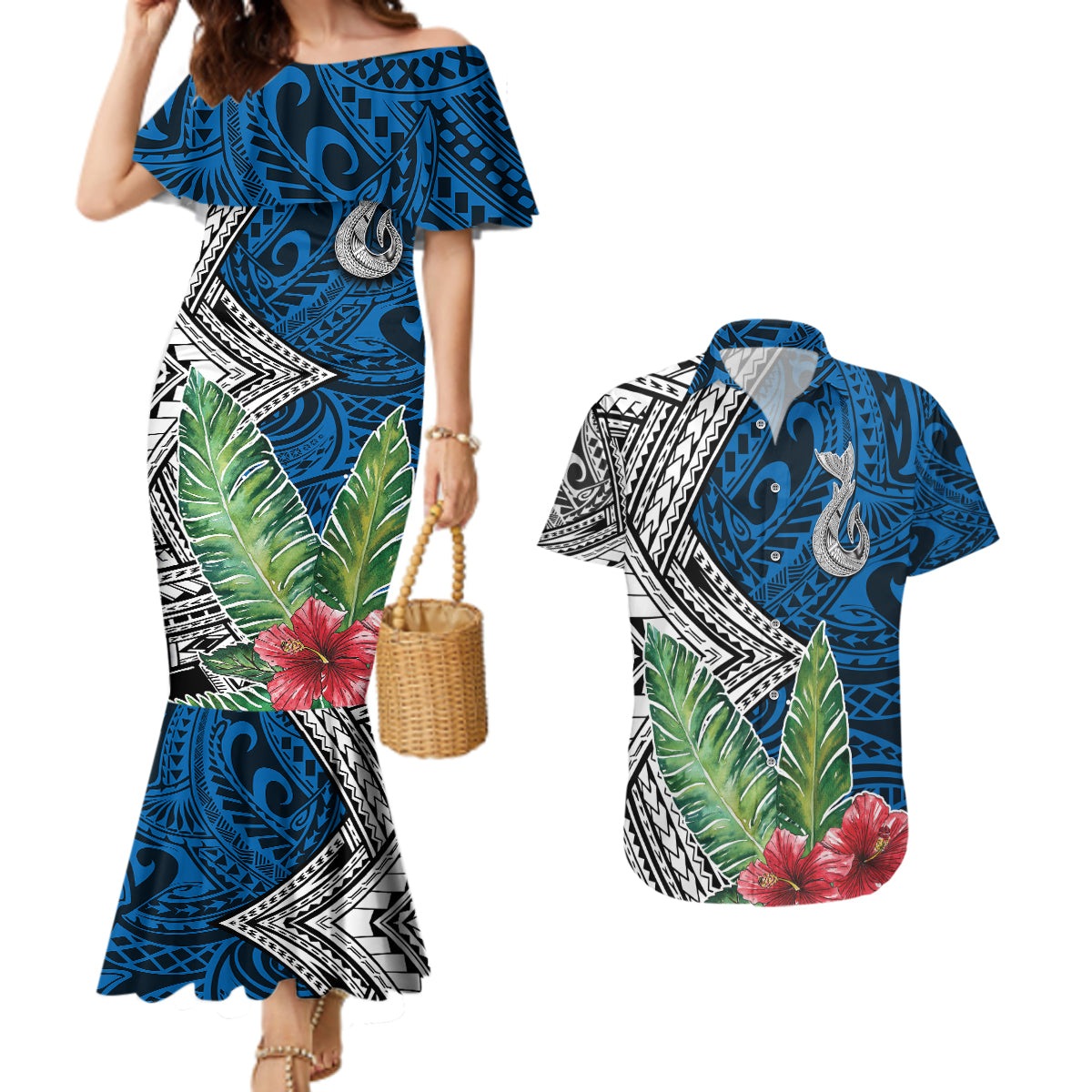 Polynesian Couples Matching Mermaid Dress and Hawaiian Shirt Whale Pattern and Hibiscus Flowers - Wonder Print Shop